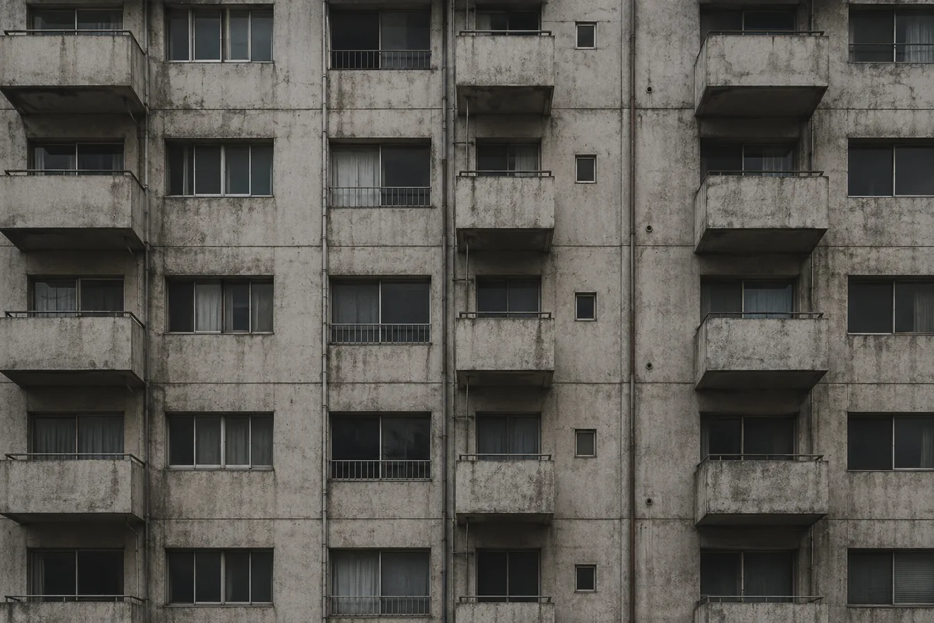 Weathered concrete facade under overcast light