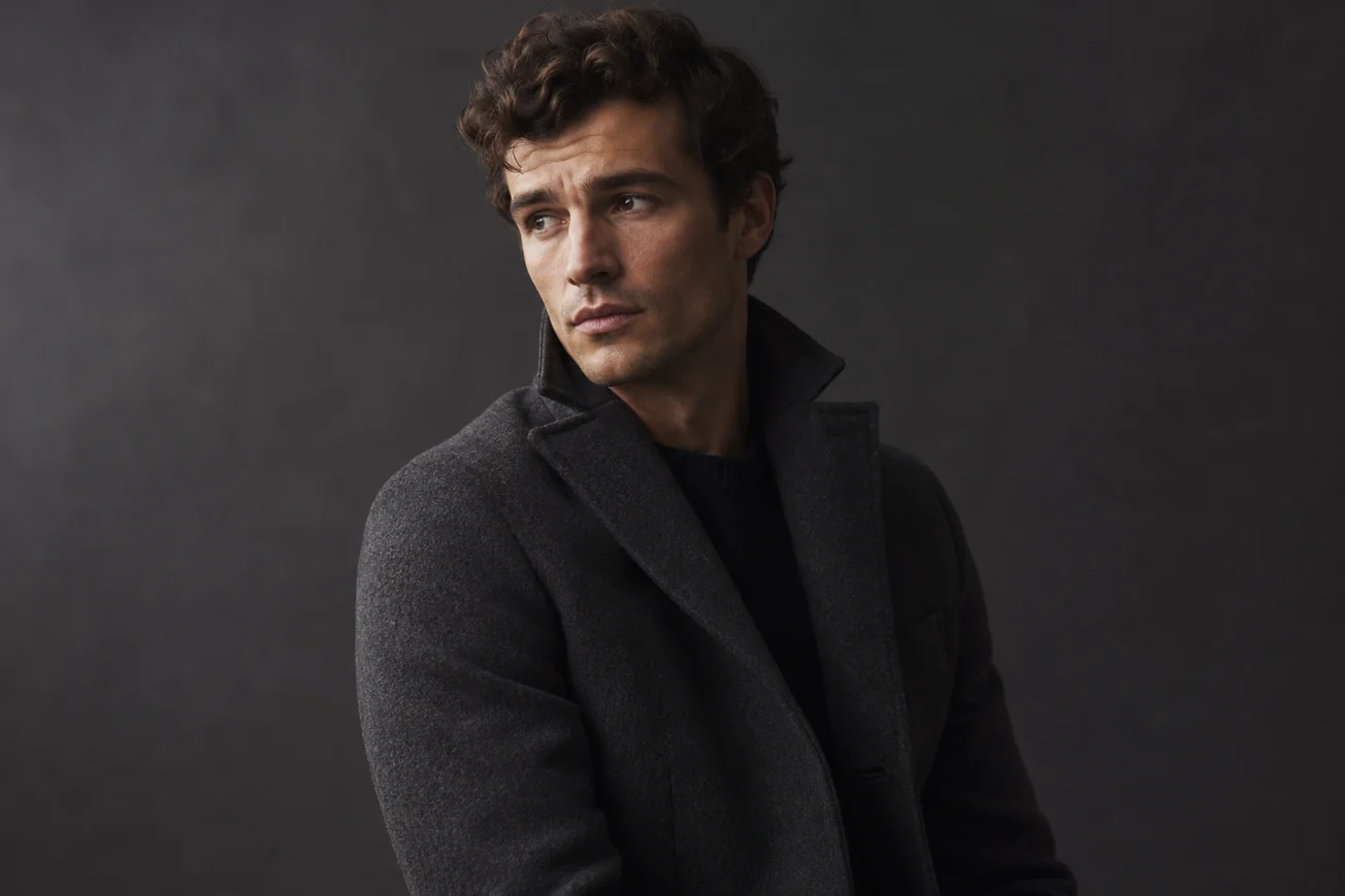 Portrait in a charcoal coat, wider crop