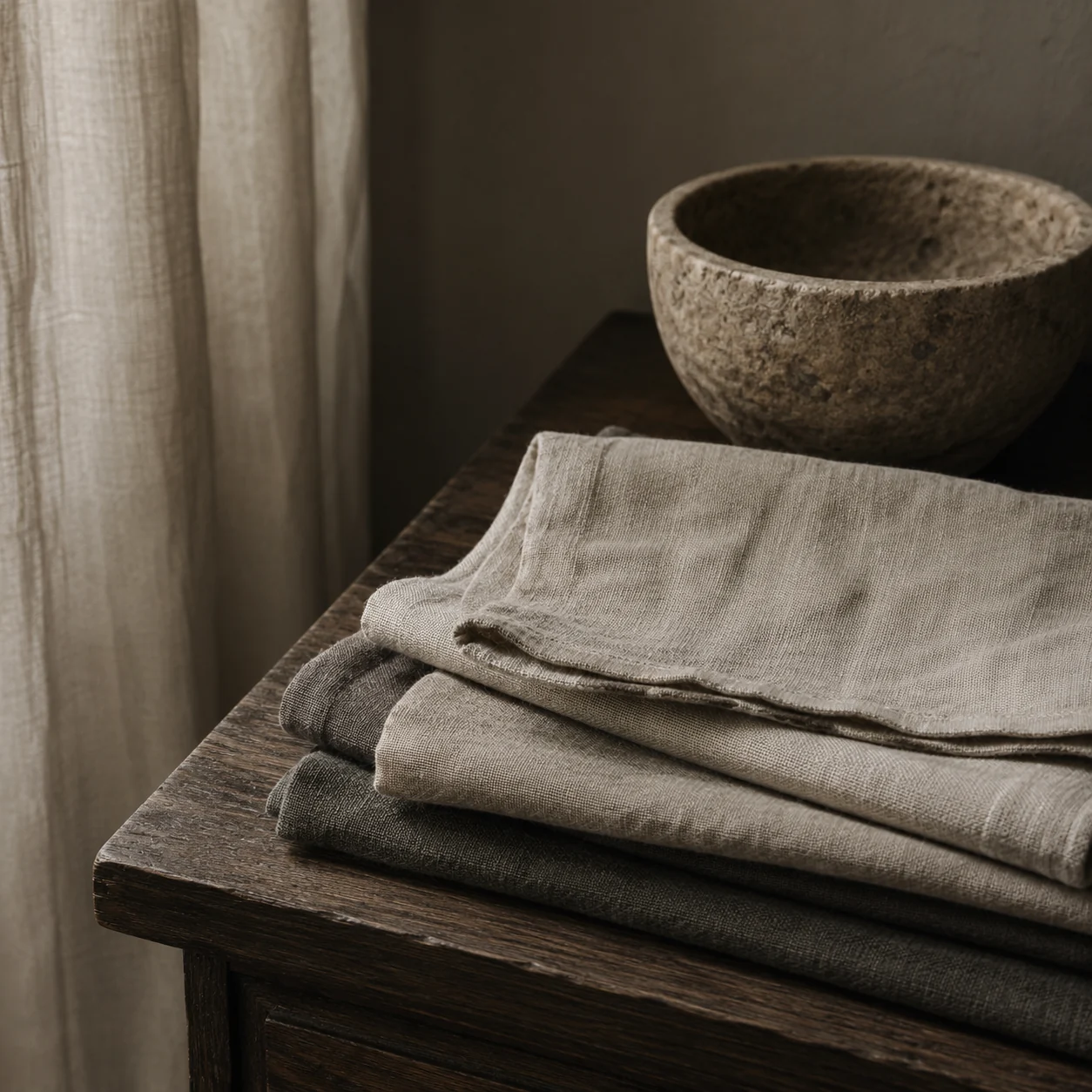 Folded linen and a stone bowl, square crop