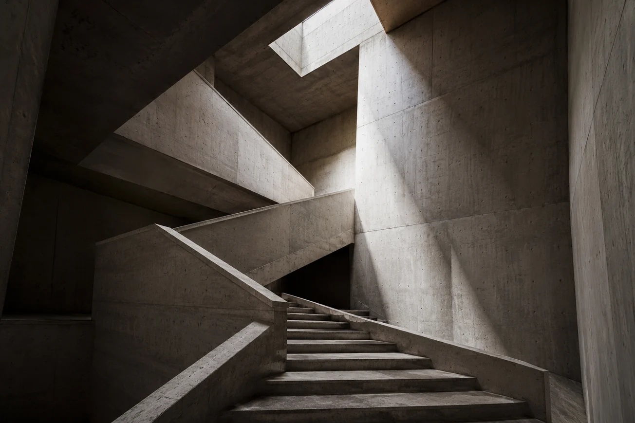 Concrete stairwell seen from below