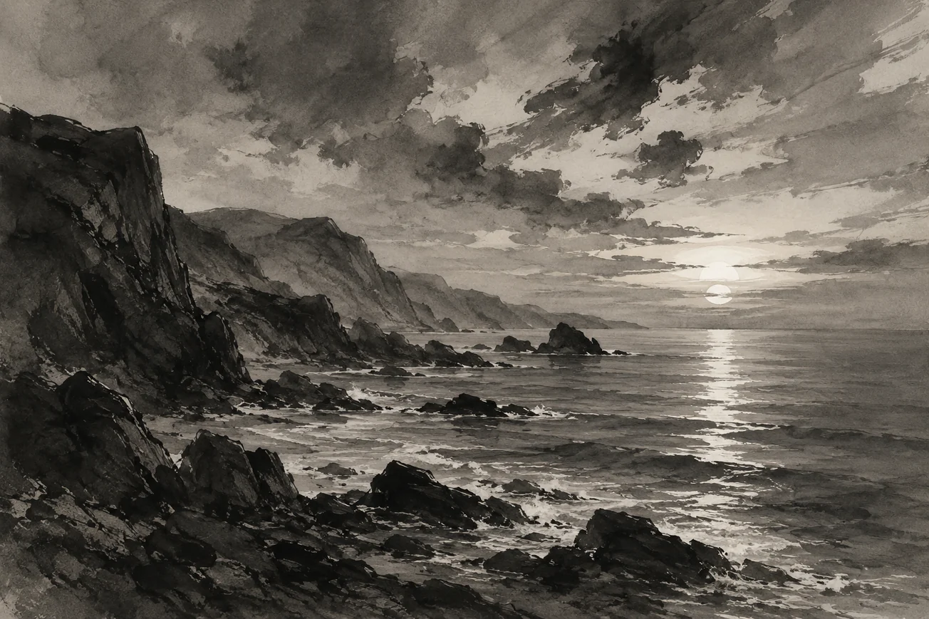 Generated ink illustration of a coastline